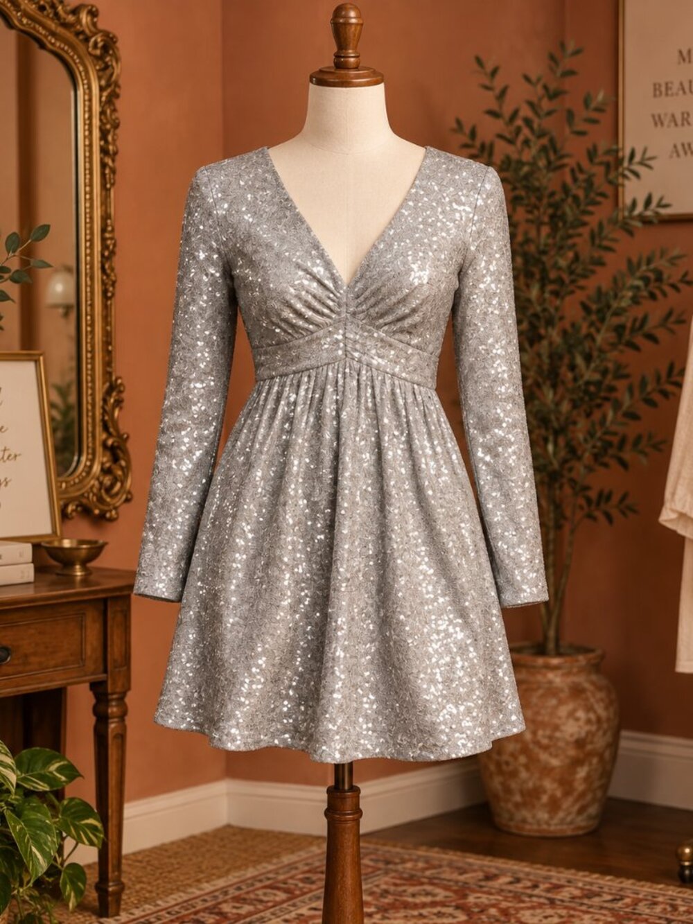 Lena Silver Sequin Long Sleeve Cocktail Dress